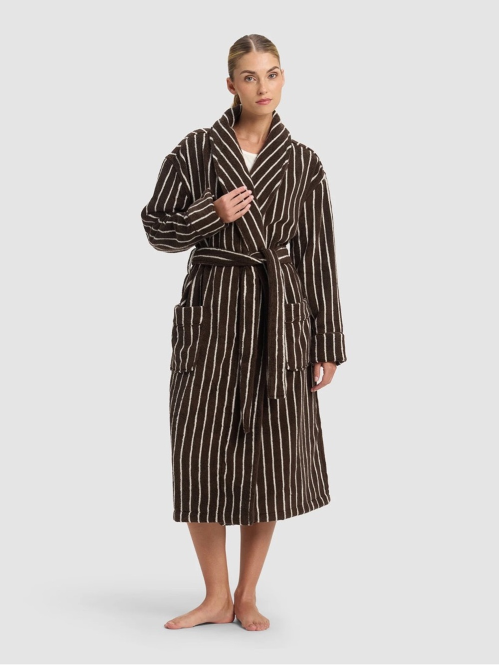 Cozy Earth Luxe Bath Robe Espresso Coconut Stripe Size L